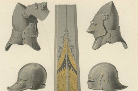 Medieval Helmets and a German Sword, Antique Print, 1851, close-up 1