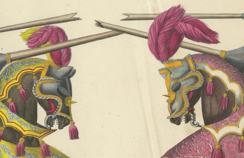 Magnificent Jousting Tournament Print with Handcoloured Knights and Horses, 1842, close-up 2