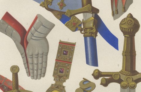 English Sword, Helm and Gauntlets, Antique Print, 1851, close-up 2