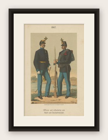Austrian Officer & Infantryman, Hoch- und Deutschmeister Regiment 1867 Litho, shown framed