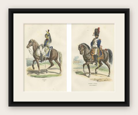 Napoleon Bonaparte Imperial Guard Cavalry Prints by Horace Vernet, 1843, shown framed
