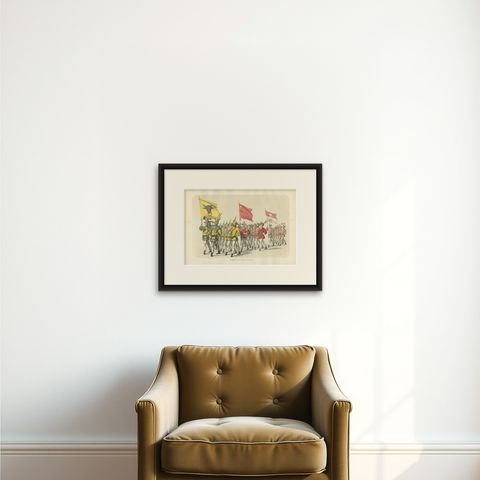 1855 Hand-Colored Lithograph of Swiss Cantonal Troops, Uri, Schwyz, Unterwalden, shown framed on a wall
