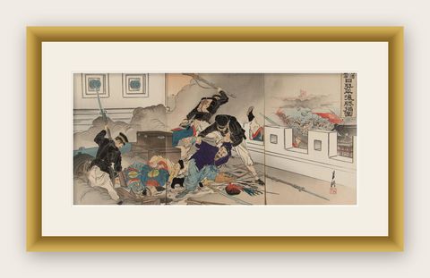 Fortress Assault Triptych, 1894 Japanese Meiji War Woodblock by Gekko, shown framed