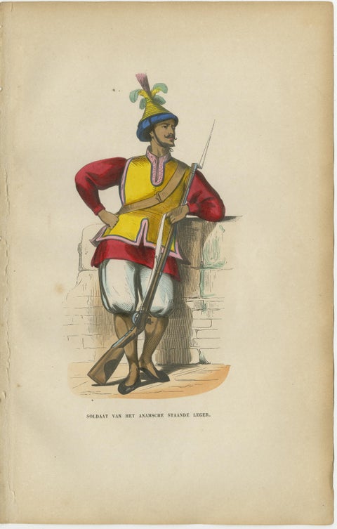 Antique Costume Print Pair Annam (Vietnam) Soldiers, Hand-Colored, 1854, view 3
