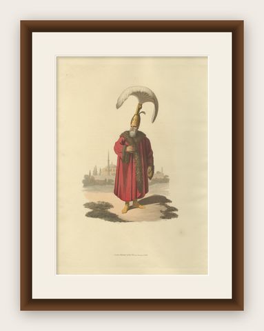Antique Print of Capidgi Bachi Officer, the Military Costume of Turkey , 1818, shown framed
