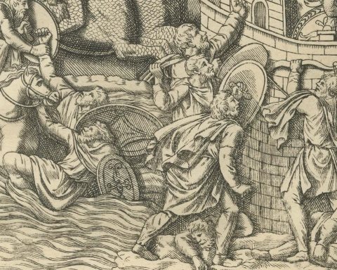 Roman Bolt Engines and a Ram Under a Shed, Montfaucon Siege Plate, 1722, close-up 2