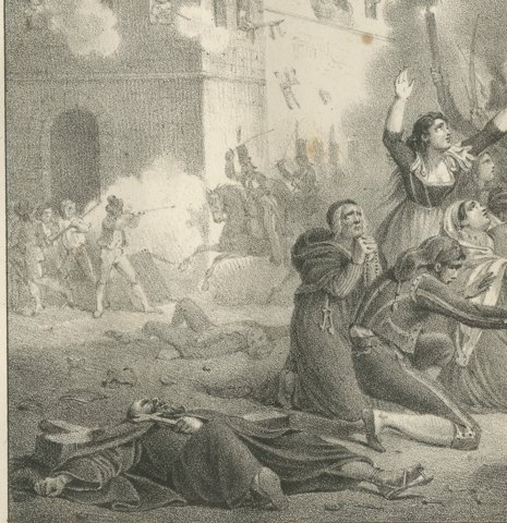 The Taking of Pavia, the Archbishop of Milan, Antique Madou Lithograph, 1827, close-up 1