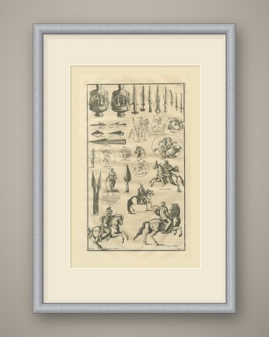 Roman Swords, Spearheads and Cavalry from Trajan's Column, Montfaucon, 1722, shown framed