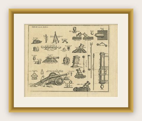 Antique Engravring of Different Artillery like Bullets, Cannons, Bombs, c.1769, shown framed