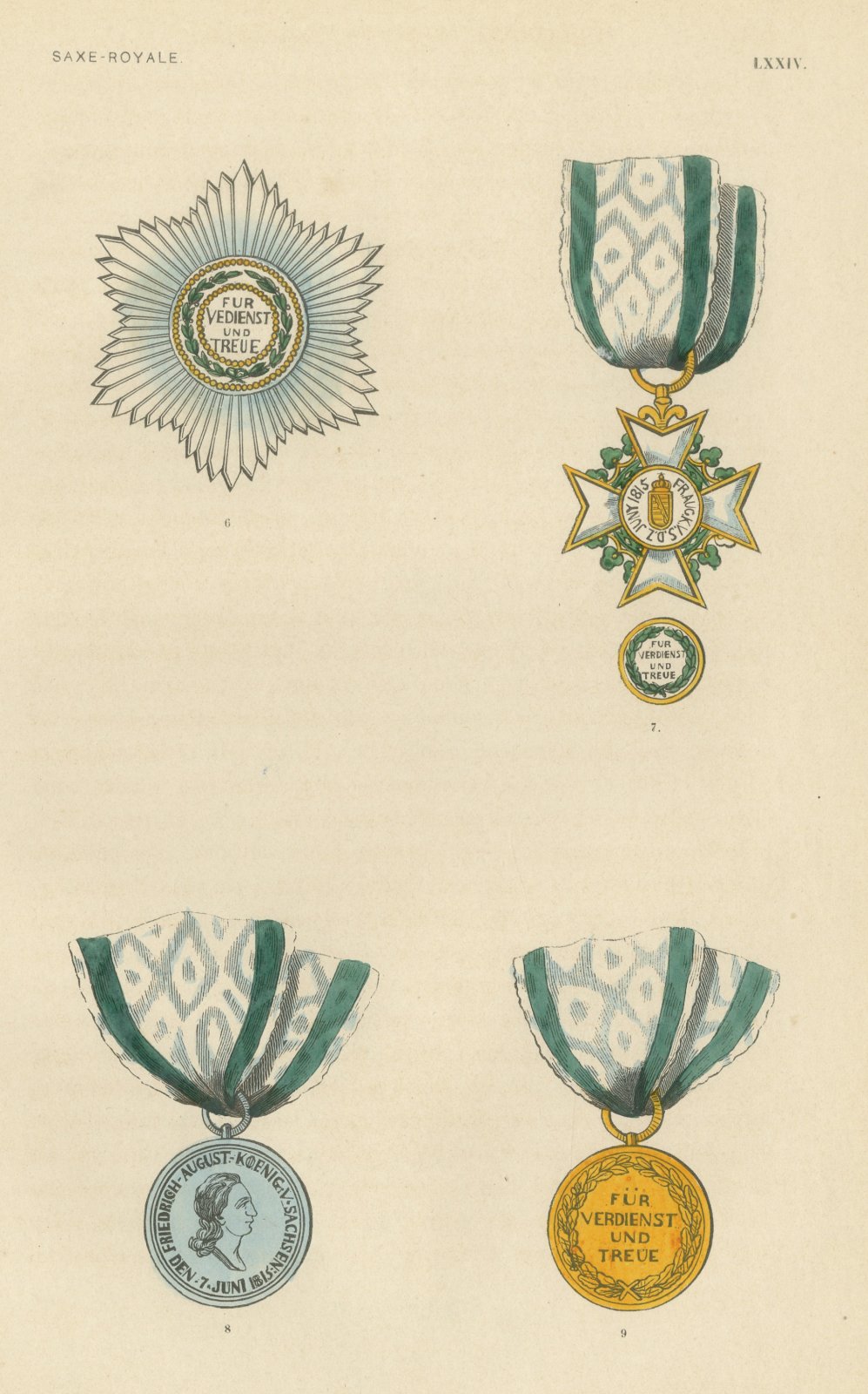 Saxony, Civil Merit Order Star, Cross and Medals, Plate LXXIV, 1844