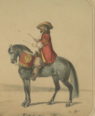 Spanish Cavalry Trooper and Mounted Drummer by Villegas, Clonard Album, 1861, close-up 2