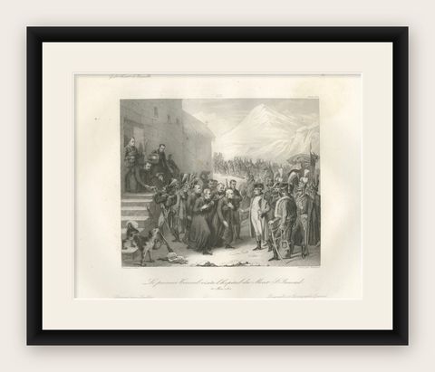 Napoleon Crossing the Great St Bernard Pass, Alpine Campaign Engraving c.1840, shown framed