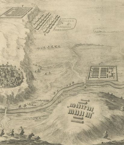 Antique Print of the Battle of Romans near the Sicoris or Segre in France, 1753, close-up 2
