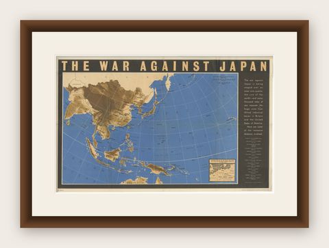 Original Vintage WWII Pacific Theater Map “The War Against Japan” Poster, 1944, shown framed