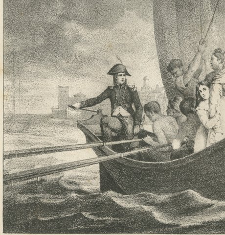 Arrival in France, the Bonapartes Flee Ajaccio, Antique Madou Lithograph, 1827, close-up 1