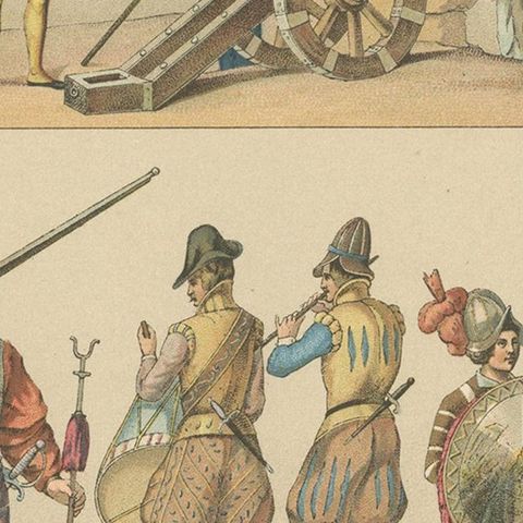 Pl. 73 Antique Print of French 16th Century Battle Costumes, Racinet, circa 1880, close-up 2
