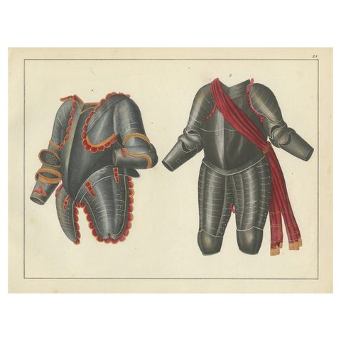 19th-Century Hand-Coloured Lithograph of Ornate Parade and Tournament Armor
