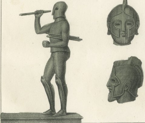 Ancient Helmets and a Bronze Warrior Hurling a Javelin, Lithograph, 1842, close-up 2