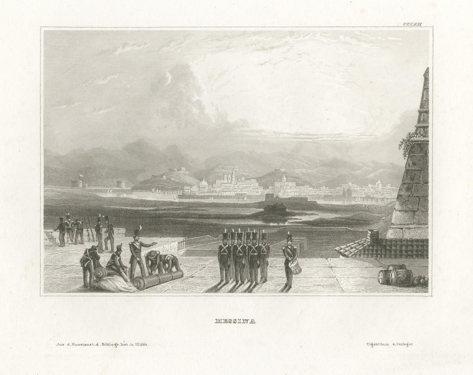 Messina in Sicily, Antique Harbor View with Soldiers, Engraving, circa 1850