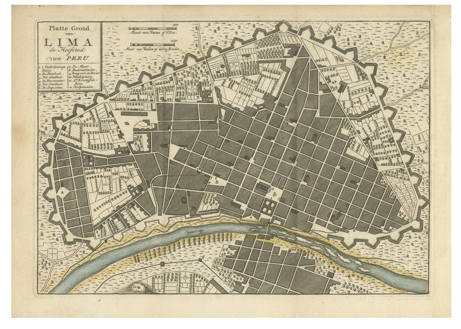 Antique Map of Lima Peru by Isaak Tirion, City Plan with Fortifications, 1769