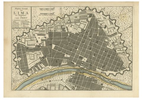 Antique Map of Lima Peru by Isaak Tirion, City Plan with Fortifications, 1769