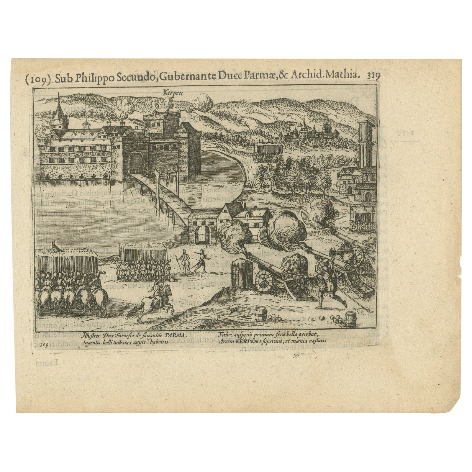 Siege of Kerpen under Duke of Parma, Original Engraving from Baudartius, 1616