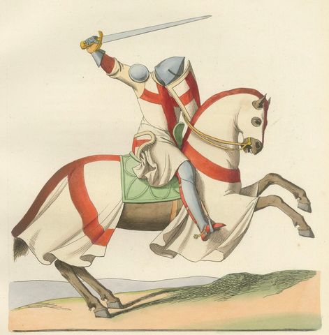 Charging Crusader Knight, Medieval Armor Print, circa 1400, published in 1845, close-up 2