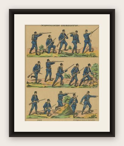 Antique Print of Swedish Infantry, Rifle Drill & Combat Movements, c.1860–1870, shown framed