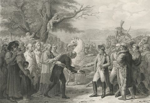 Napoleon Receives the Keys of Vienna, Antique French Engraving, circa 1840, close-up 1