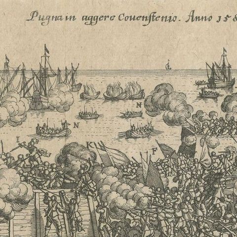 Battle of Kauwenstein Dijk, 1585: Siege of Antwerp Engraving with Latin Legend, close-up 3