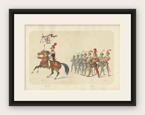Marten Banner Carrier and Swiss Military Musicians in Festive Procession, 1855, shown framed