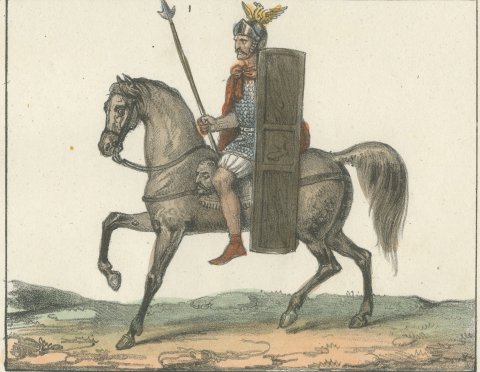 Ancient Germanic Militia and a Mounted Soldier, Hand Colored Lithograph, 1842, close-up 2