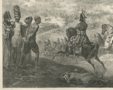 Battle of Mount Tabor, Napoleon Relieves Kleber, Antique Madou Lithograph, 1827, close-up 1