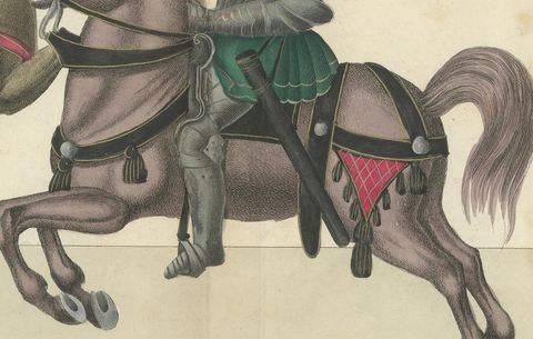 19th-Century Hand-Coloured Lithograph of Mounted Combat with Spear and Sword, close-up 1