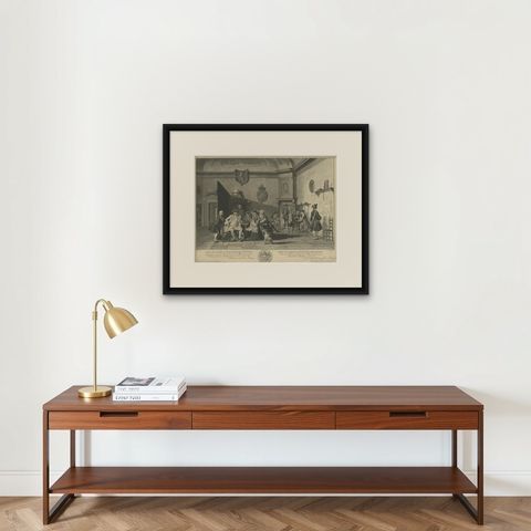 Fine Engraving Depicting an Officer's Mess in the Low Countries, 'Holland', 1754, shown framed on a wall