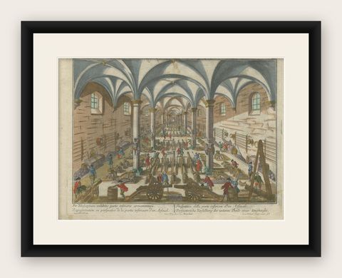 Perspective View of a Cannon Foundry, 18th-Century Hand-Colored Optical Print, shown framed