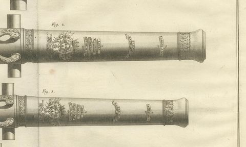 18th Century Engraving of Ornate French Cannons, circa 1770, close-up 1