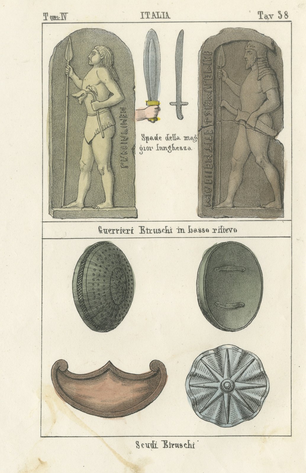 Etruscan Warriors in Relief, Swords and Shields, Hand Colored Lithograph, 1842