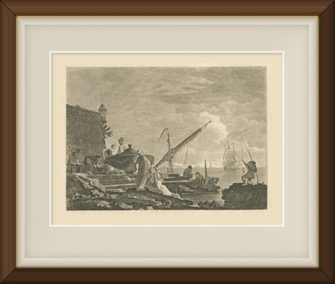 View in the Levant, Harbor Quay below a Fortress, Antique Engraving, circa 1820, shown framed