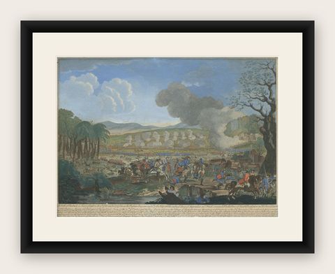 Old Battle Print of Rossbach in Prussian Saxony, ca.1790, shown framed
