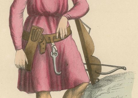 Engraving of a Guardian of the Fort: The Medieval Arbaletrier, 1847, close-up 2