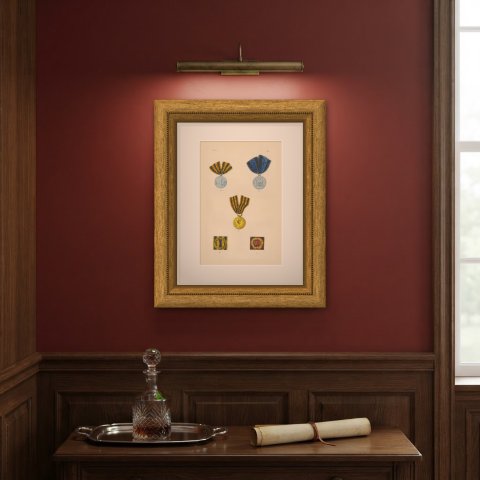 Russian Medals, Alexander I Medal and Service Bars, Plate LXX, 1844, shown framed on a wall