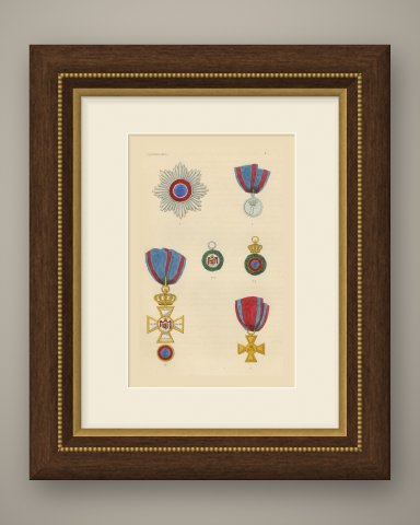 Orders of Oldenburg, House and Merit Order of Duke Peter, Plate L, 1844, shown framed