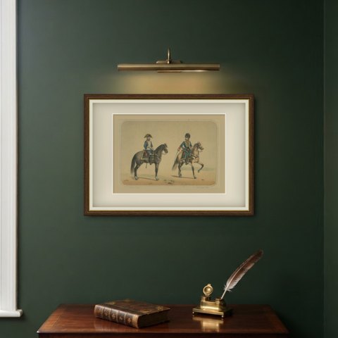 Spanish Hussar and Cavalry Trooper, Lithograph after Villegas, Madrid, 1861, shown framed on a wall