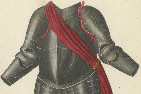19th-Century Hand-Coloured Lithograph of Ornate Parade and Tournament Armor, close-up 2