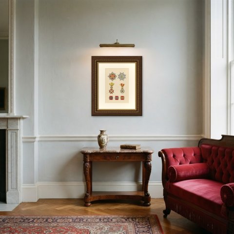 Orders of Baden, Order of Fidelity Insignia, Plate VII, Wood Engraving, 1844, shown framed in a room