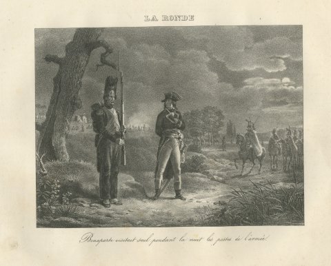 The Night Round, Bonaparte Visits the Outposts, Antique Madou Lithograph, 1827