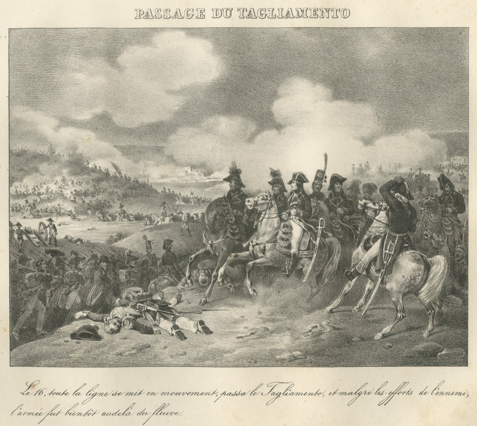 Crossing the Tagliamento, the Line Advances, Antique Madou Lithograph, 1827