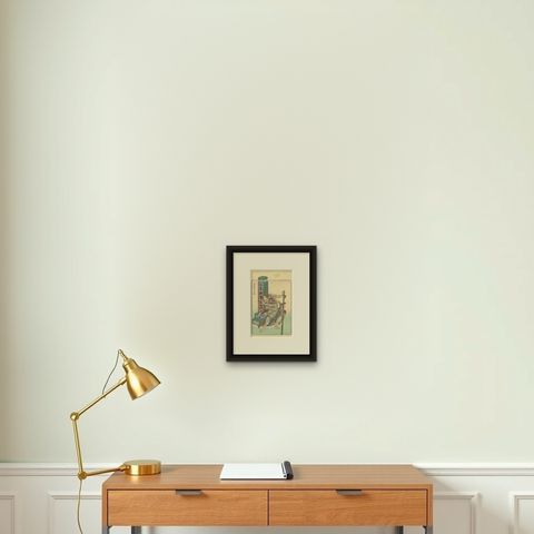 Japanese Edo Warrior Print, Temple Guardian with Halberd, c.1850, shown framed on a wall