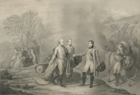 Napoleon and Francis II after Austerlitz, Antique French Engraving, circa 1840, close-up 1